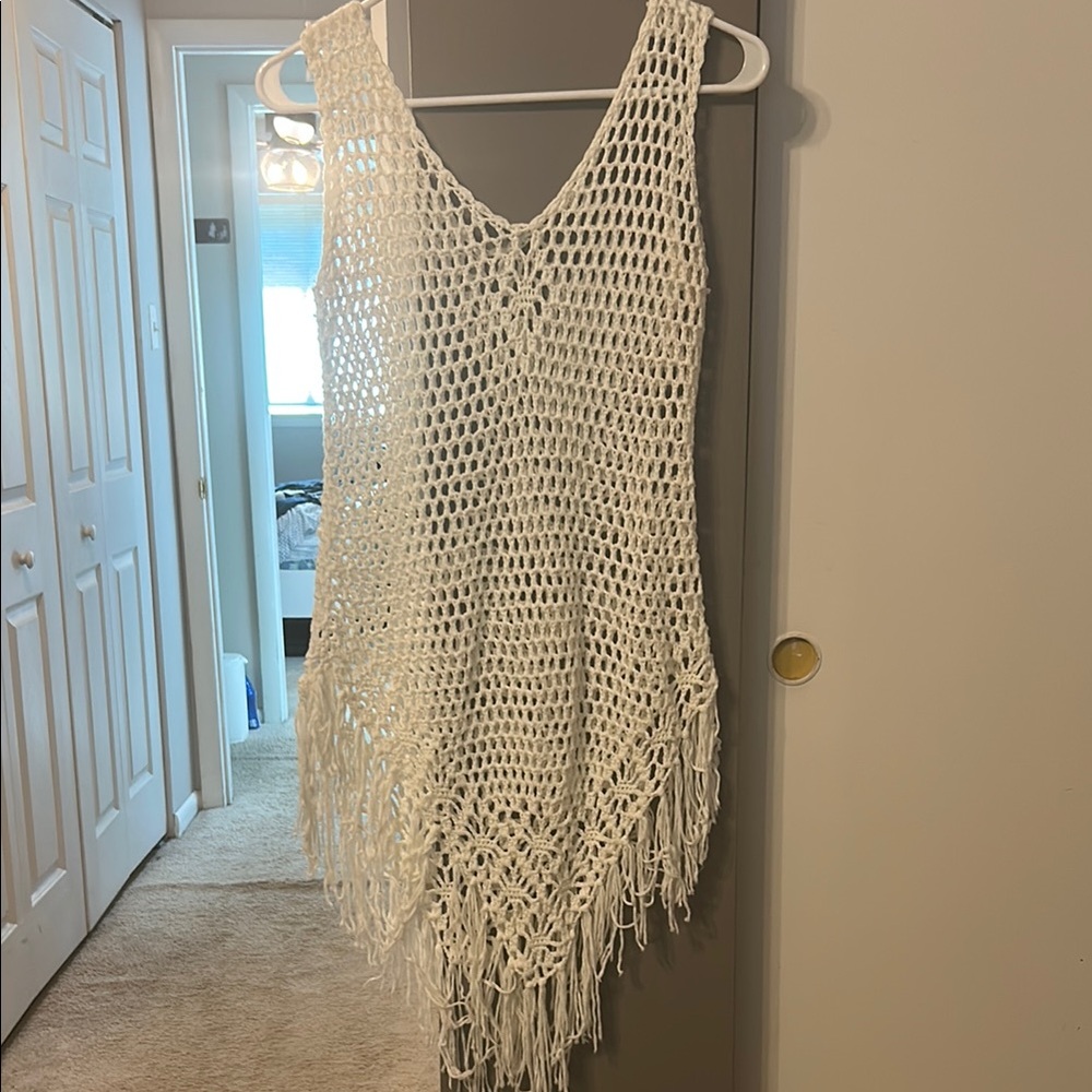 Elegant White Crochet Fringe Beach Cover Up